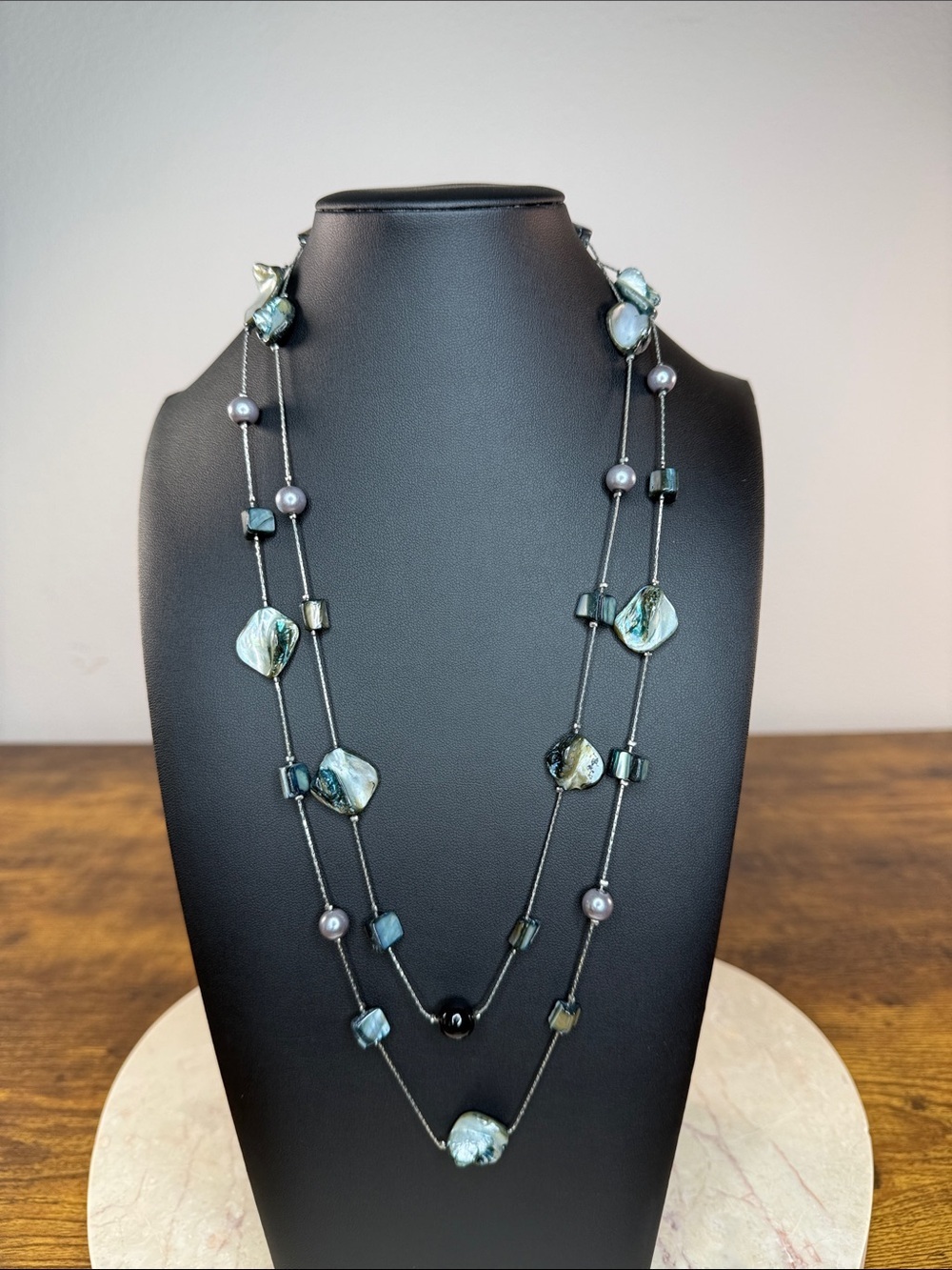 Layered Abalone and Pearl Necklace - Iridescent Green-Blue